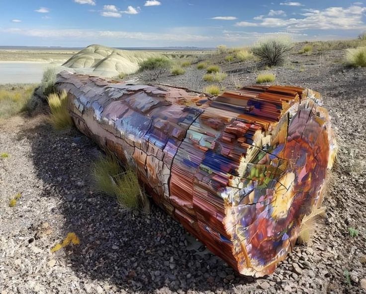 a large petrified log, with vibrant colours of red, orange, yellow, blue and purple, lies on the ground in the middle of a desert landscape. the log is very large and it is clear that it is a section of a petrified tree trunk.