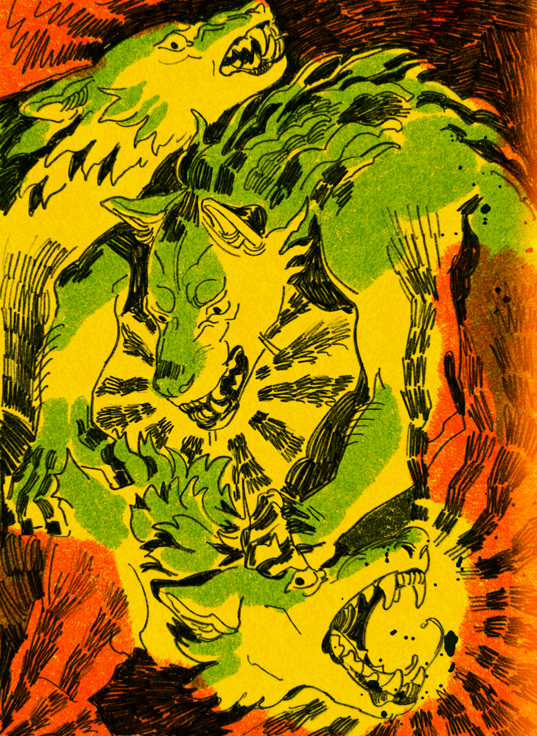 he image is a vibrant and chaotic illustration depicting a scene of several wolves engaged in a fierce battle.  the wolves are drawn with expressive lines and bold colors, mostly shades of yellow, green, and orange, overlaid on a dark background. their expressions are aggressive, with bared teeth and snarling mouths. the overall style is dynamic and energetic, suggesting movement and intensity. the artistic style could be described as a blend of sketch and illustration, utilizing various line weights and shading techniques to create texture and depth. the color palette and the style suggest a possibly fantasy or mythical theme.