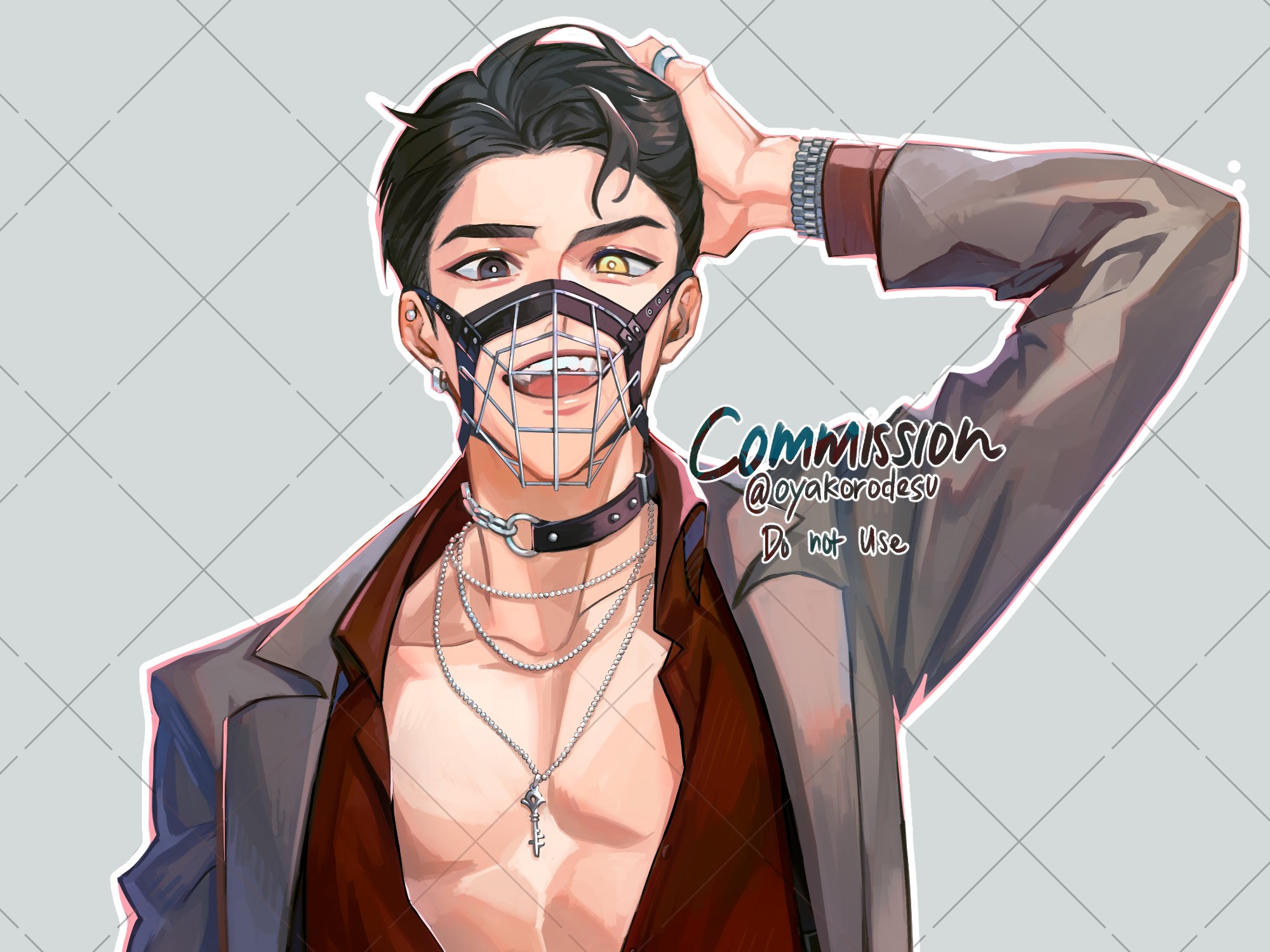 this digital art illustration depicts a male anime character with dark hair, styled back and away from his face, wearing a black collar and several silver necklaces, a dark red shirt under a beige jacket, and a metal cage muzzle over his mouth, with his right hand up near his head and his other arm bent across his body.  the artist's signature is prominently displayed with the word "commission" over the word "@" followed by their username, and "do not use".