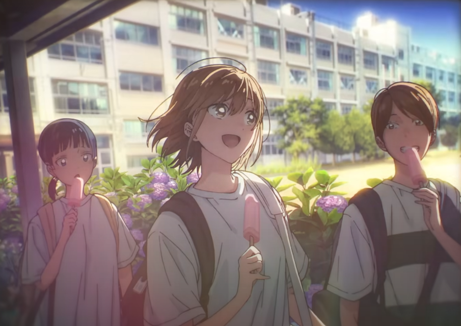 the image is a still from an anime, showing three female teenage schoolgirls walking outdoors on a sunny day. they are smiling and each holds a pink popsicle.  they appear to be friends, enjoying a summer afternoon. the background features a school building and blooming hydrangeas, creating a bright and cheerful atmosphere. the art style is soft and pasteltoned, typical of modern anime.  the girls are dressed in casual summer attire.