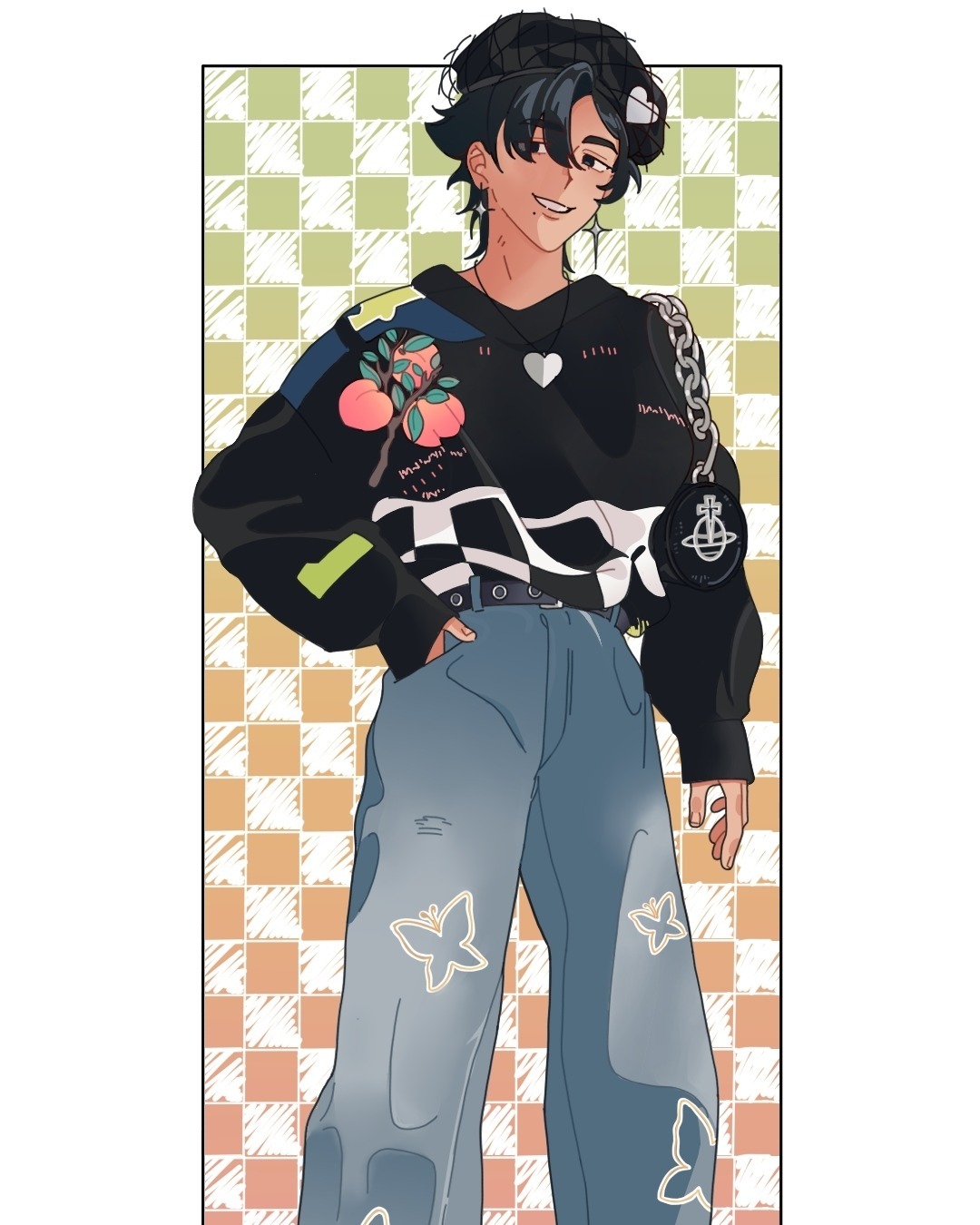 the image is a digital illustration of a stylish animestyle male character. he is wearing a black and white sweater with orange fruit designs, light blue jeans with embroidered butterflies, a black beret, and a vivienne westwoodstyle orb pendant necklace. the character has dark hair, fair skin and is posed in a relaxed, casual manner.  the background features a checkered pattern in warm peach and light green tones. the overall style is trendy and youthful, leaning towards streetwear aesthetics.
