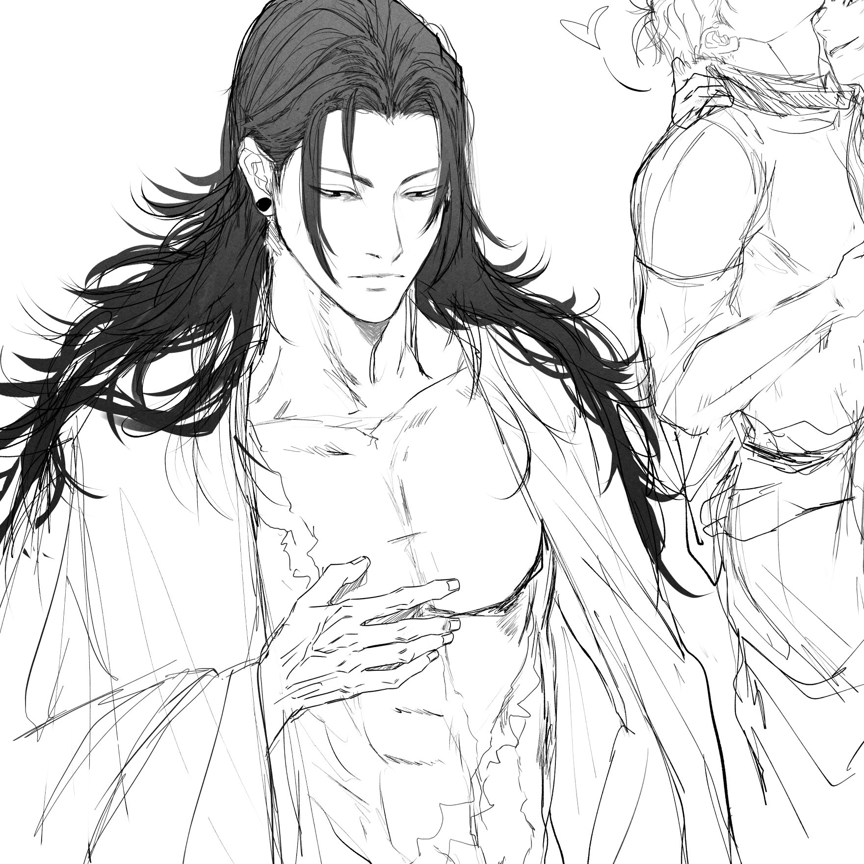 a black and white anime drawing of a shirtless man with long black hair standing with his hand resting on his chest. his expression is serious and his eyes are closed. the drawing is