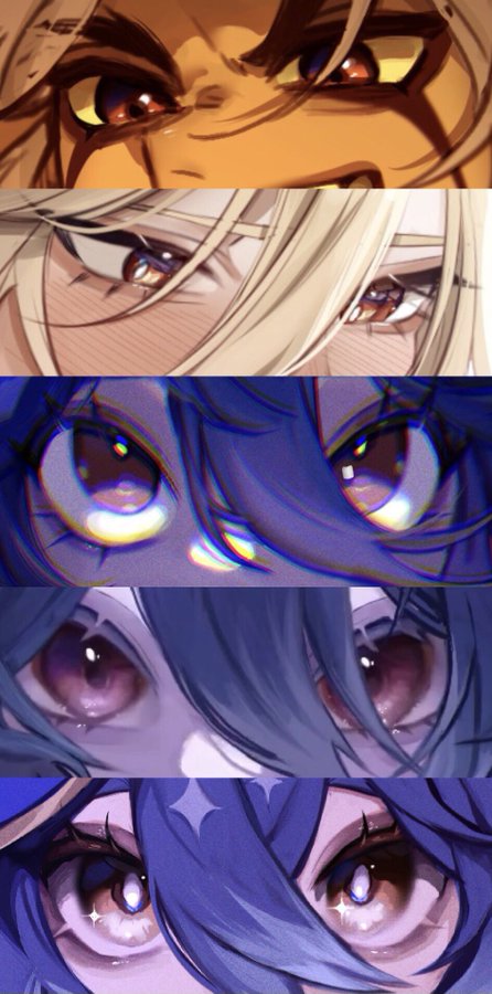 a collage of five anime girl's eyes in various expressions from a close up perspective. each eye is vibrant and different, conveying emotion. the first eye has a yellow and red color scheme and an angry expression. the second eye is brown and red with a more soft expression. the third eye is mostly purple and has a look of wonder and fascination. the fourth eye is also purple with a more sad and thoughtful expression. the final eye is a yellow and purple scheme that has an alluring and confident stare.