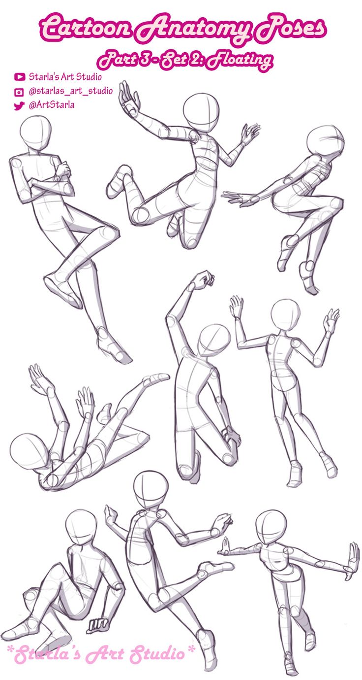the image features 9 different cartoon anatomy poses, all of which are designed to depict the character as floating. each pose is drawn in a simple, lineart style, making it easy for artists to copy and adapt. the poses are varied, featuring different positions of the arms, legs, and torso. there are also some poses that showcase the character's face, while others do not. the image is labeled with the title "cartoon anatomy poses, part 3  set 2: floating". the image also includes the artist's name and social media handles, so that viewers can find more of their work.