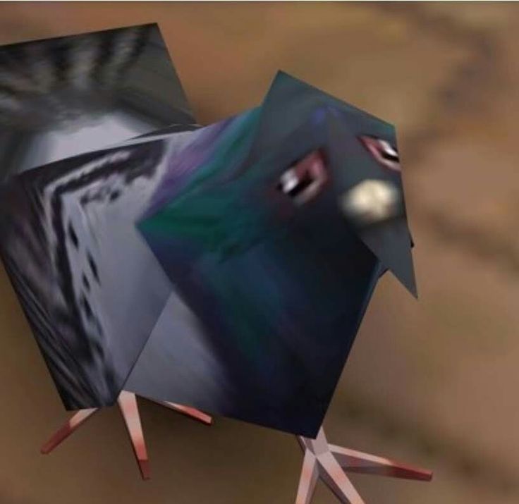 the image depicts a pigeon rendered in a highly distorted and glitched style.  the pigeon's form appears fragmented and its colors are unnatural and smeared. the overall aesthetic is reminiscent of lowpolygon 3d models, glitch art, or a corrupted image file. the effect is surreal and unsettling, possibly intended to be humorous or memelike. the pigeon’s posture and expression are also unusually intense and slightly menacing. the background is blurred and out of focus.