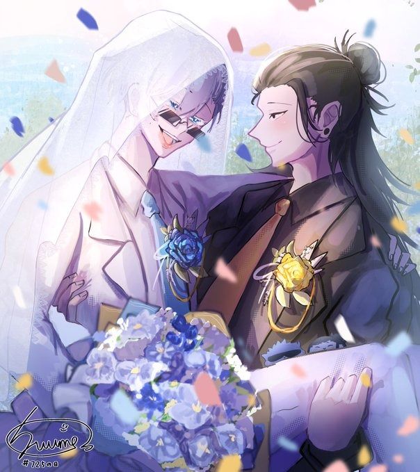 the image is a digital fanart depicting a joyful gay wedding scene. two animestyle male characters are the central focus. one, presumably the bride, is wearing a white suit with a veil, and sunglasses, while the other, likely the groom, is in a dark suit with a golden flower brooch. they are embracing, the bride being held in the groom's arms, with a large bouquet of blue flowers between them. confetti floats around them, adding to the celebratory atmosphere. the art style is soft, using pastel colors and a slightly dreamy aesthetic. the overall mood is one of happiness and love.
