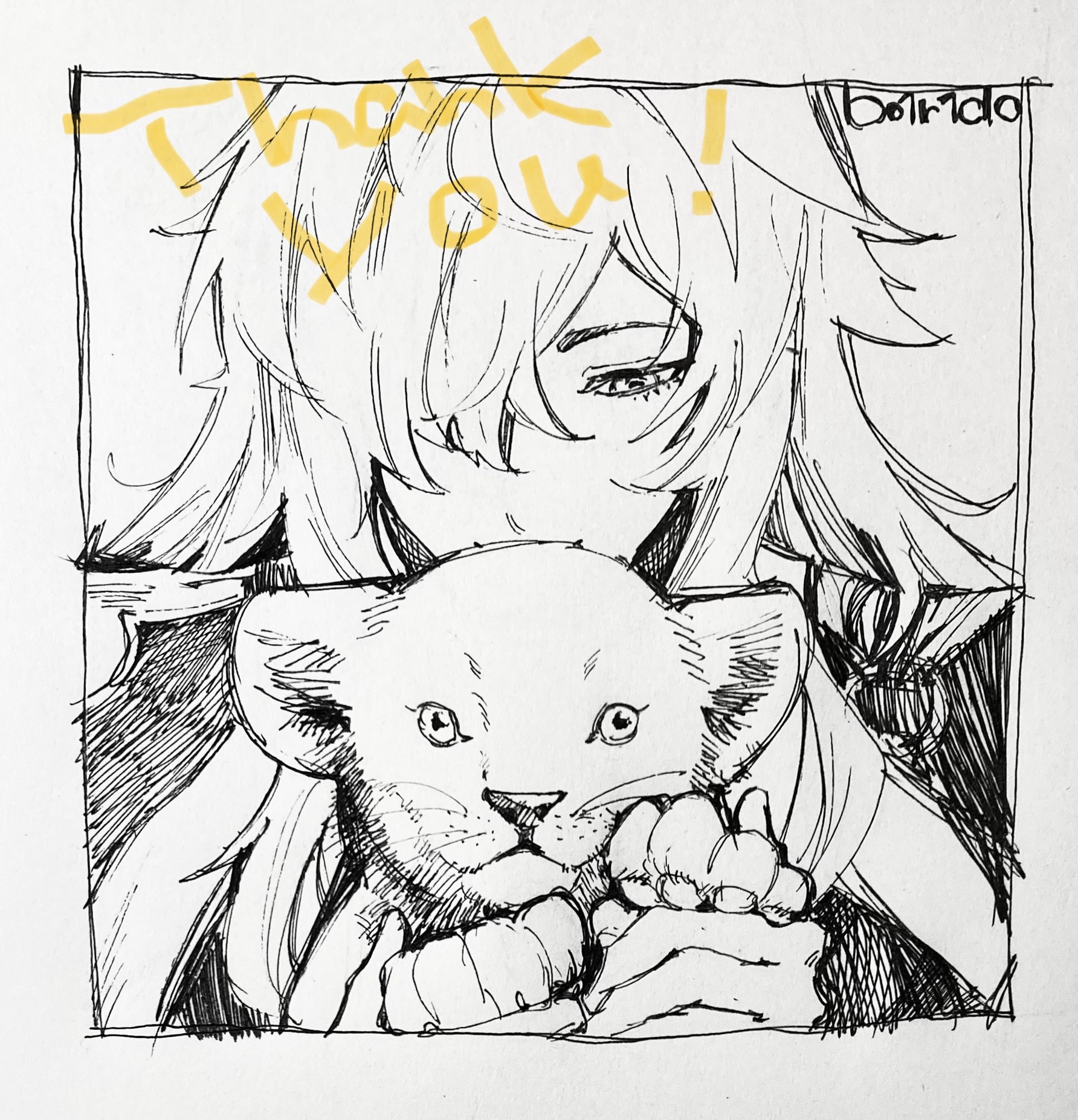 a black and white drawing of a young woman with long hair holding a baby lion in her arms. the woman is looking down at the lion, and the lion is looking up at her. the drawing is done in ink, and it has a very cute and whimsical feel. the words "thank you" are written in the top left corner of the drawing. the background is a light gray color, and the drawing is done on a piece of paper that is textured. the drawing has a sense of love and care between the woman and the cub. it's a heartfelt thank you from the young woman.