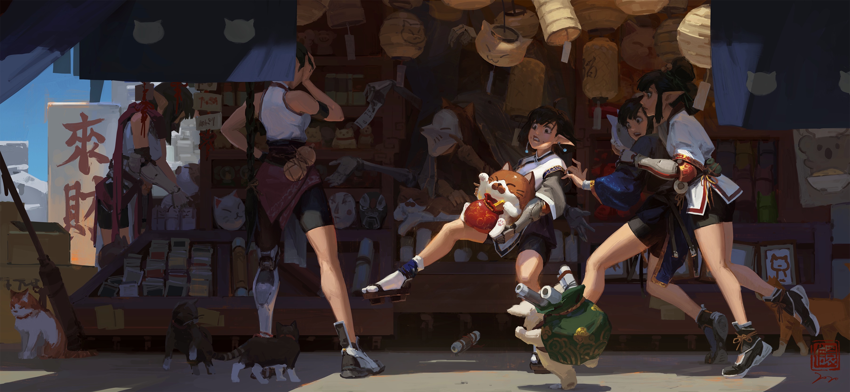he image is a vibrant digital painting depicting a lively scene in a futuristic, yet traditional japanese street market.  several young women, dressed in a mix of modern and traditional japanese clothing, are interacting around a stall filled with various goods, including catthemed items and lanterns. one woman is playfully holding a plush cat, while others seem engaged in conversation or perhaps a playful chase. the scene is full of bright colors and movement, conveying a sense of energy and fun.  the style is reminiscent of anime and manga, but with a unique blend of cyberpunk elements.  numerous cats are also present throughout the scene, adding to the whimsical and enchanting atmosphere.
