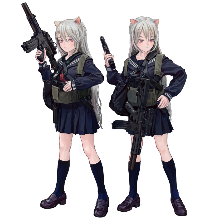 the image shows two animestyle schoolgirls with cat ears, wearing navy blue uniforms and dark blue kneehigh socks with loafers. they are armed with various firearms including rifles and a pistol, and are equipped with tactical gear such as vests and shoulder bags. they appear to be twins, with silver hair and pale skin.