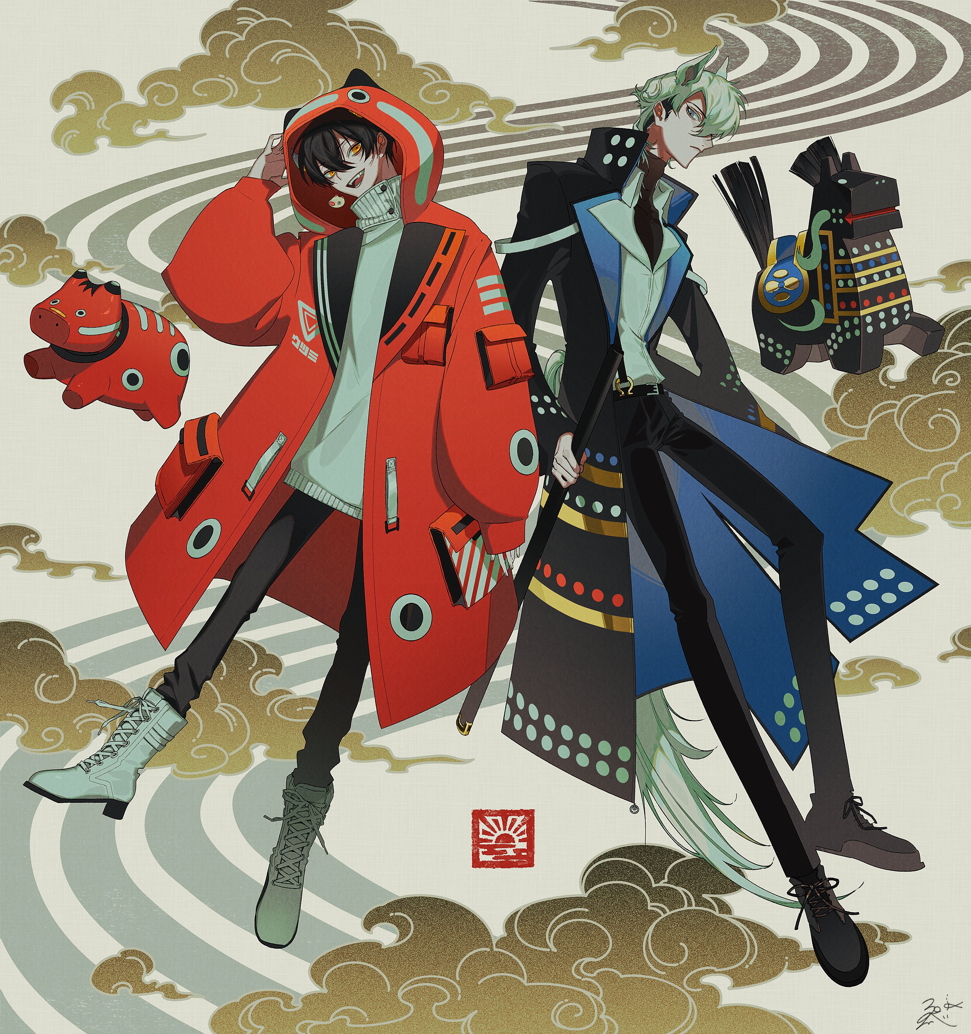 he image showcases vibrant digital art featuring two animestyle male characters. one is dressed in a striking red hooded coat adorned with circular patterns and pockets, paired with black pants and laceup boots. the other character sports a sleek black coat with blue accents, intricate goldandblack patterned details, and black trousers and boots.  both characters possess a stylish and modern aesthetic with elements of traditional japanese design integrated into their clothing. their poses are dynamic, and the background is a stylized depiction of clouds and swirls in shades of gold and cream. two stylized toy animals, a pig and a llamalike creature, are also present, adding to the scene's unique blend of traditional and modern elements.  the overall style is a compelling mix of anime, streetwear, and traditional japanese art.