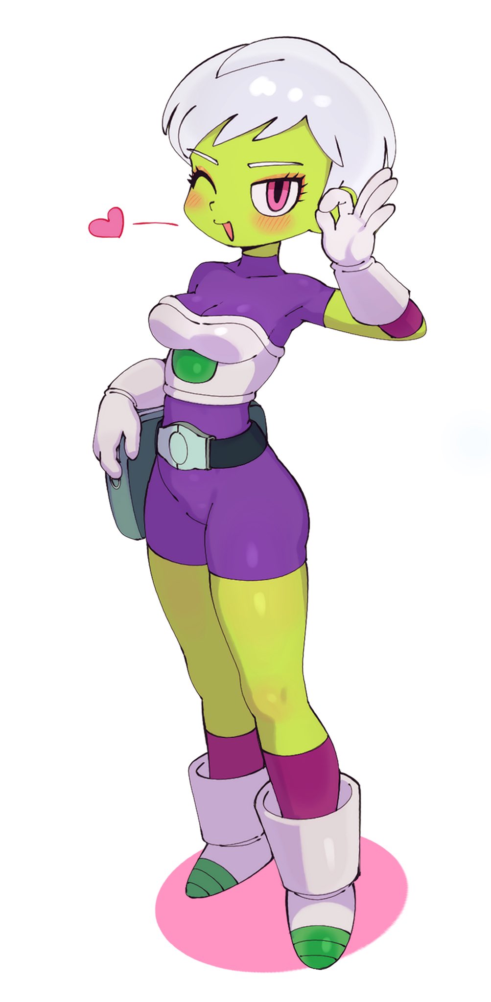 this is a cartoon image of an anime girl. she is standing on a pink circle. she is smiling and her eyes are closed. she has green skin, white hair and is wearing a purple and white suit with boots. there is a pink heart in the top left corner of the image.