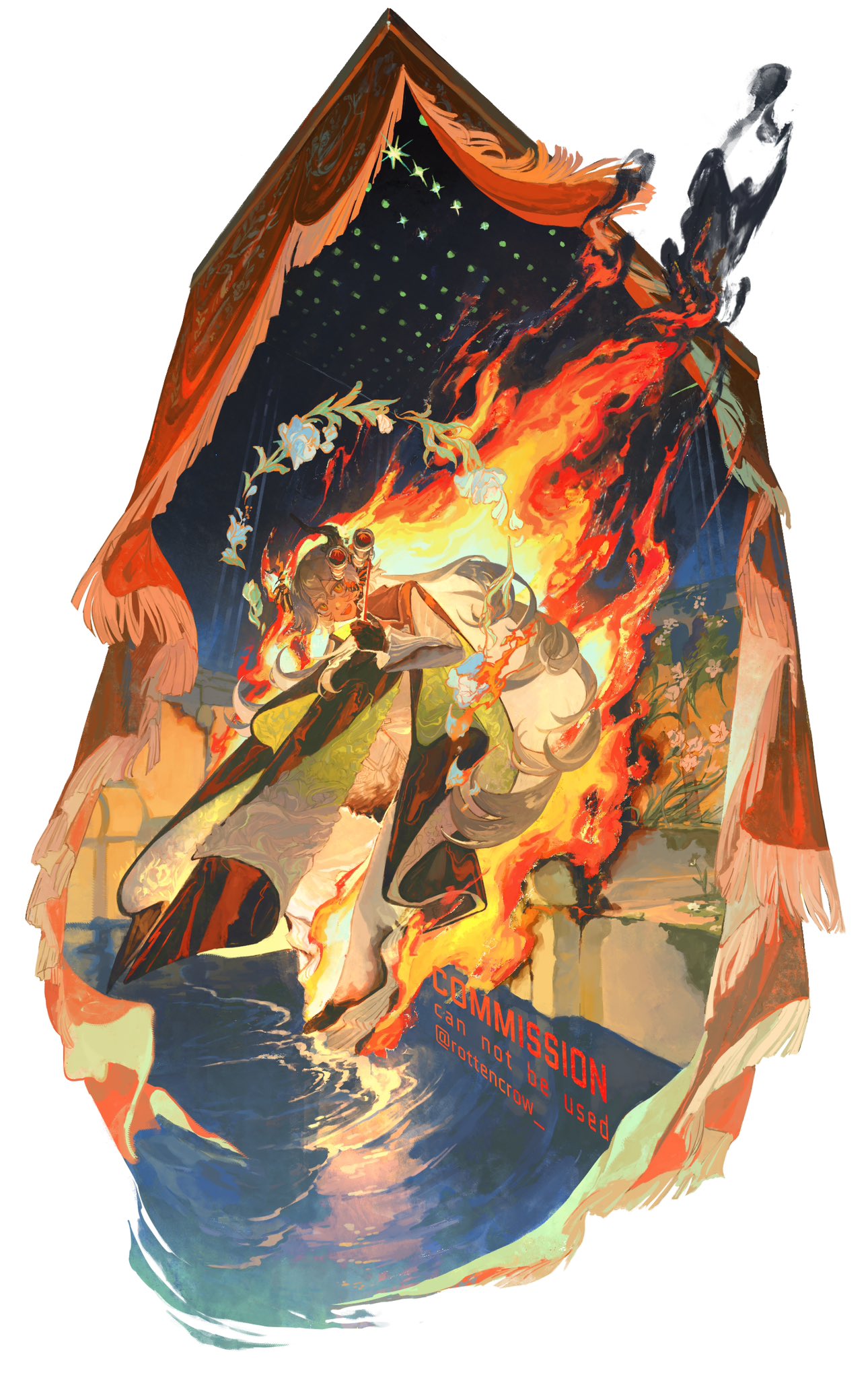 a painting depicting a surreal scene with two fantastical creatures engulfed in fire and surrounded by smoke. the creatures are positioned within a frame as if the frame itself is ablaze. the backdrop of the artwork is a starry night sky, further accentuating the otherworldly nature of the composition. the vibrant colors and dramatic composition create a sense of intensity and wonder.