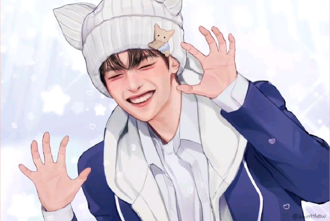 a digital drawing of a young man smiling and waving with both hands. he wears a white beanie with cat ears and a matching small plushie on top, a white shirt, and a blue jacket. the background is light blue with white sparkles and pink hearts.  the art style is reminiscent of anime and manga.