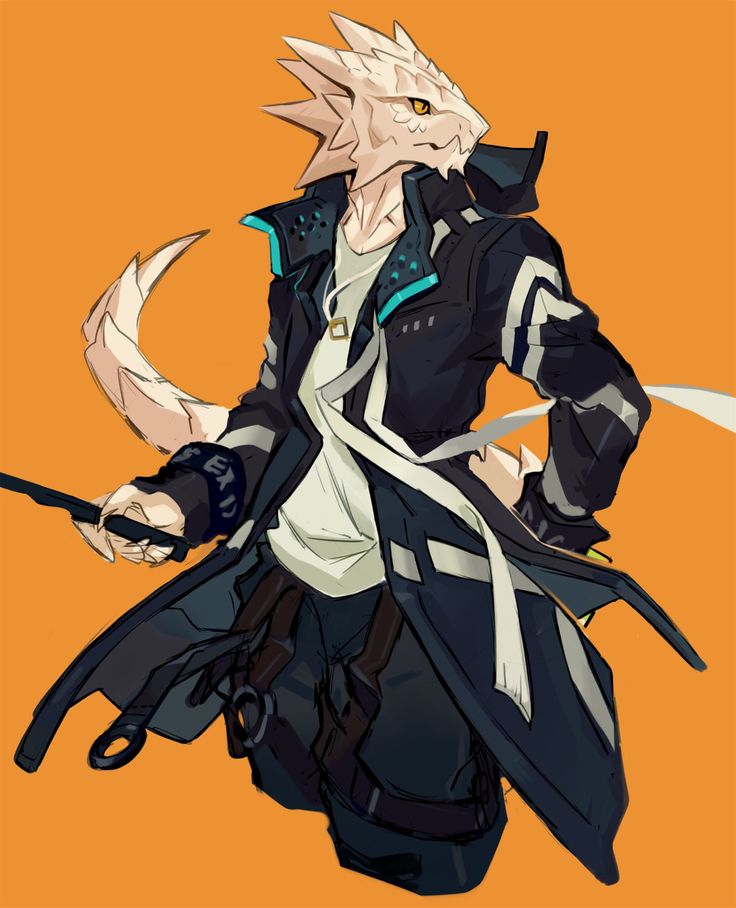 this is a digital illustration of an anthro lizard in a black and cyan jacket holding a blade. the creature has a white, scaly tail and a white and cyan colored chest plate with a white scarf around its neck. its jacket has a long, white scarf attached to the back of it. the creature has a humanoid torso and arms, and a lizardlike head. it is standing in a cool pose with its arms crossed. the background is a bright orange.