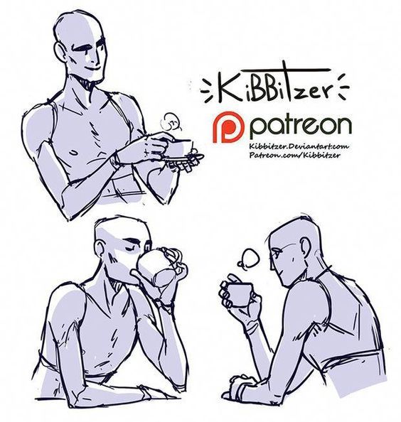 the image contains three sketches of men sitting in various poses, all with a cup in their hand. they are labeled as pose references for artists. one man is looking to the side while holding the cup, one is looking down at the cup while drinking from it and the third is looking at the cup as if daydreaming. the sketches are drawn in a simple style with minimal details. the image is labeled with the artist's name and patreon information.
