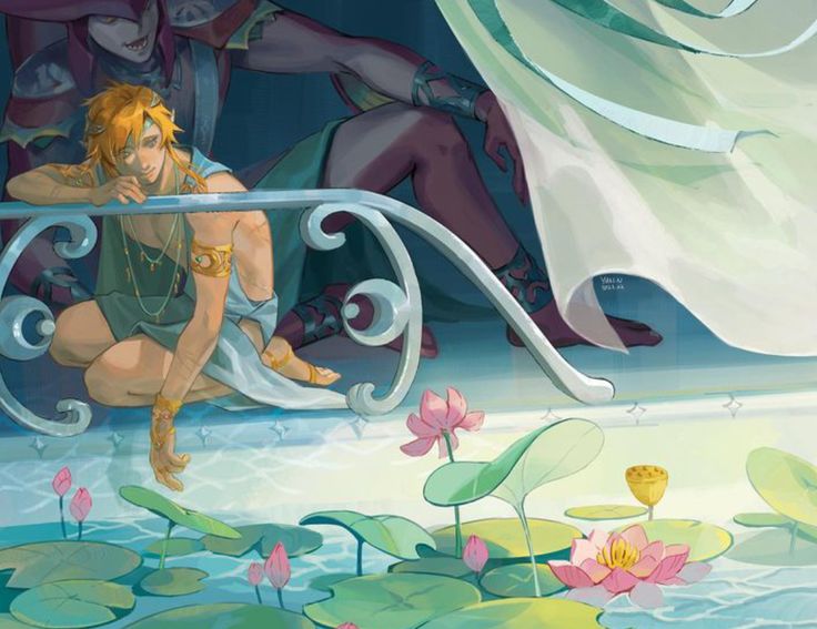 the artwork depicts a young, fairskinned man with blond hair seated on an ornate balcony overlooking a serene pool of water filled with water lilies and lotus flowers. he is dressed in flowing, light green garments adorned with gold jewelry. he appears calm and pensive. behind him, partially obscured by a flowing light green curtain, is a figure with darker skin, wearing dark robes and what looks to be a mask or headdress –  suggesting a supernatural or fantasy character. the overall aesthetic is dreamlike and ethereal, evoking a sense of mystery and ancient magic. the color palette is soft and muted, with greens, blues, and pinks dominating. the style is painterly, with soft brushstrokes and a focus on atmospheric perspective.