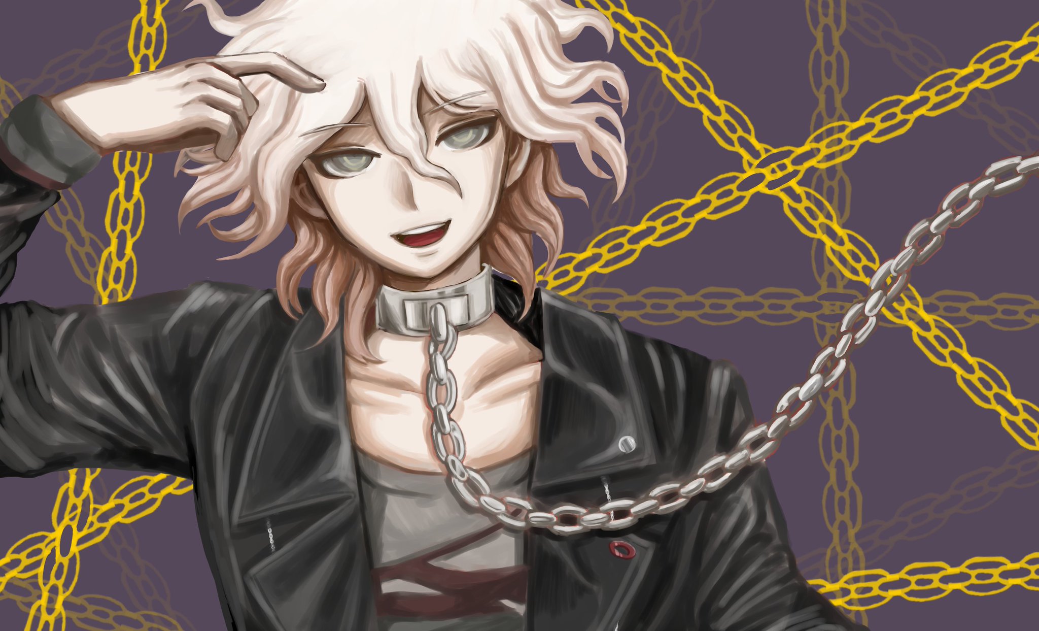 this is a drawing of an anime character. the character is male and has white hair. he is wearing a black leather jacket and a silver chain collar. he is standing against a background of yellow chains on a purple background. the character has a smirk on his face and is looking directly at the viewer.