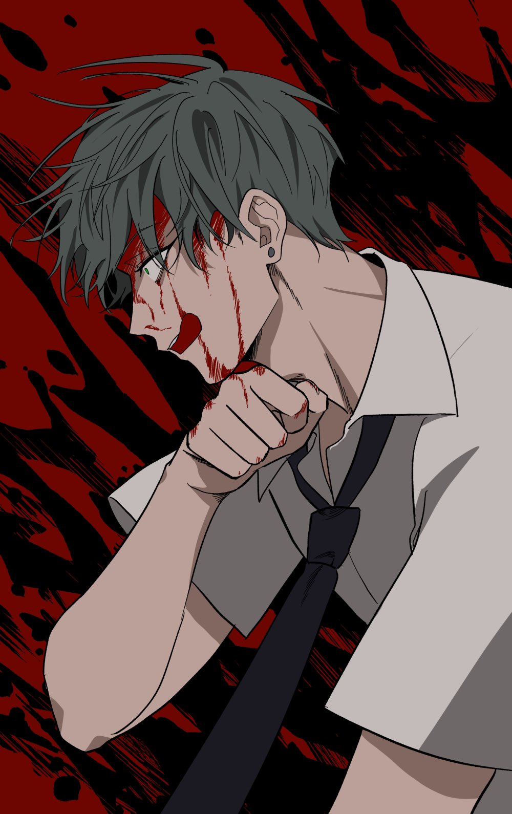 this is a digital illustration of an animestyle male teenager with short, gray hair. he has blood all over his face, and his right hand is covering his mouth as if he's in pain. he's wearing a white shirt with a black tie, and the background is a dark red and black pattern. the image suggests that the teenager has been injured in a violent situation.
