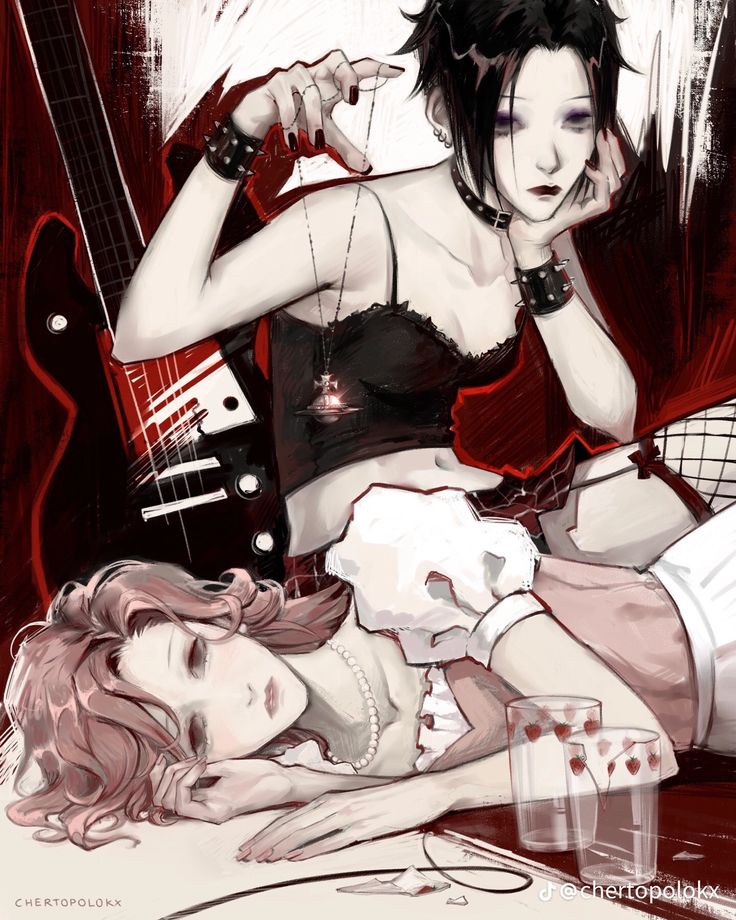 the artwork showcases two animestyled women. one is a goth/punk rocker, dressed in black and red, adorned with bracelets and a necklace, holding a red electric guitar. she is posed in a dominant manner, seemingly overseeing a second woman, who is lying down, asleep or resting, wearing a more delicate, white and pink dress.  the scene is dark and moody, with a strong contrast between the red and black color scheme. red glasses containing a red liquid are present in the foreground, adding to the overall ambiance. the style is distinctly digital, with painterly brushstrokes and a focus on contrasting textures.  the signature "chertopolokx" is visible in the bottom corners.