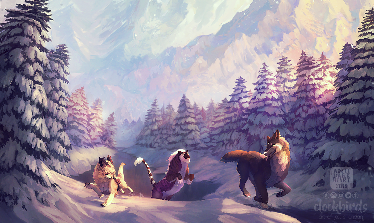 three furry canine animals are playing together in a snowy, mountainous landscape. the snowy ground, covered in evergreen trees, slopes down towards a valley. two of the animals are light brown and white, while the third is a mix of darker browns. the sun behind the mountains illuminates the snow and creates a peaceful atmosphere.