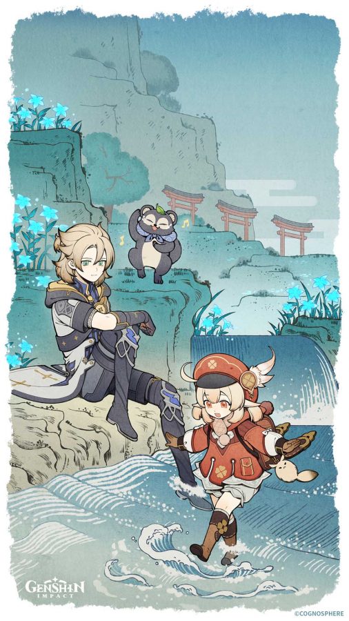 this is a drawing of two anime characters standing on a cliff overlooking an ocean. the character on the left is a boy with blonde hair wearing a black and white outfit. he has one hand on his hip and the other holding a white glove. he is looking to his right. the character on the right is a girl with blonde hair wearing a red and white outfit and a white hat with a red bow. she has a rabbit plushie in her left hand and is looking to her right. she has a small white creature on the back of her. they are both standing on a rock cliff overlooking the ocean. there are mountains and flowers on the left side of the image. a stream flows through the mountainside. the sky is a light blue and there are clouds in the background. the art style is typical of anime. this is an illustration from genshin impact, a popular openworld action roleplaying game.