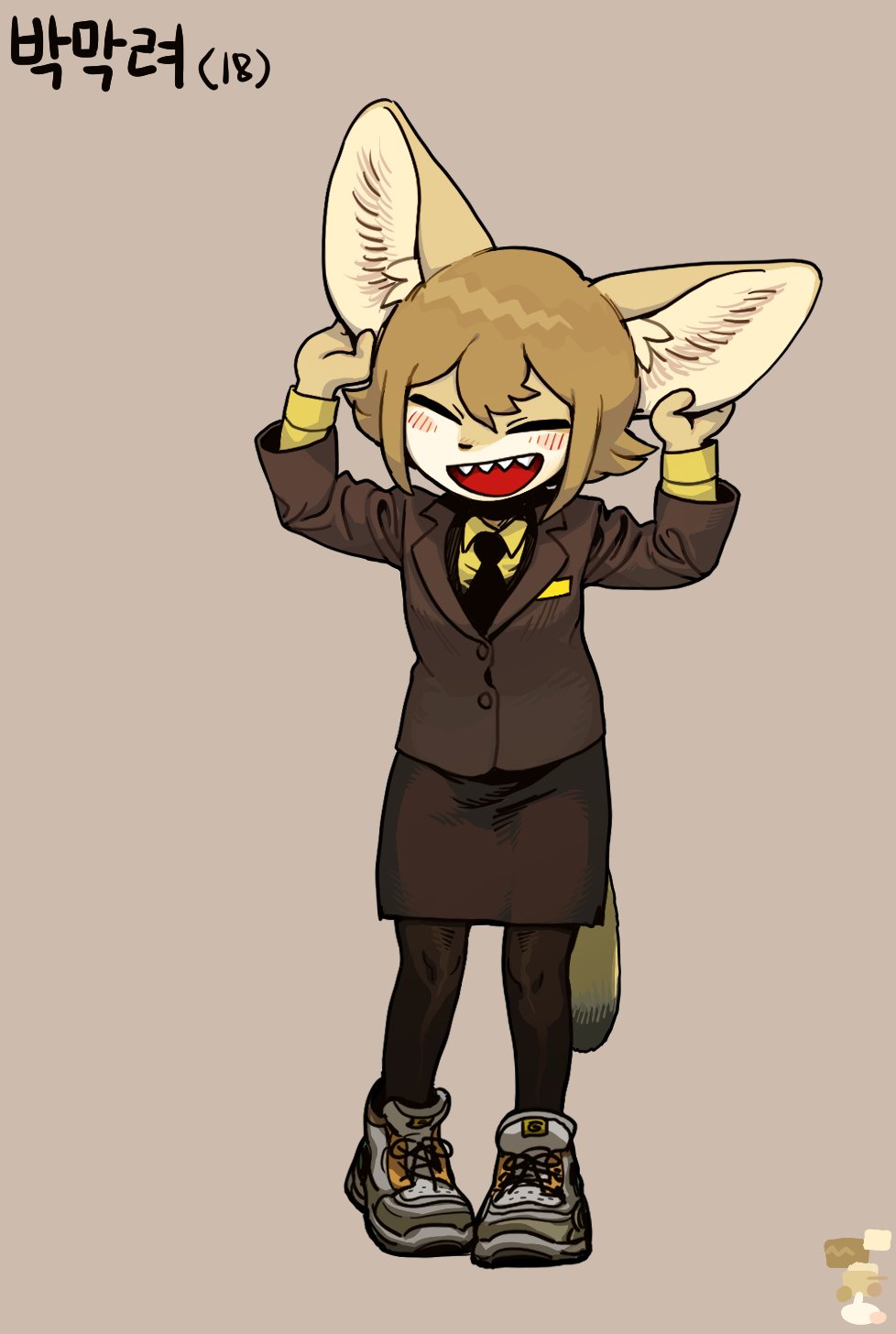 this is a digital illustration of a furry character. the character is a female fennec fox with brown fur and long, pointy ears. she is wearing a brown suit jacket, a yellow tie, a brown skirt, and black tights. she is also wearing a pair of brown boots. she is smiling and has her ears behind her head. the background is a light brown color.