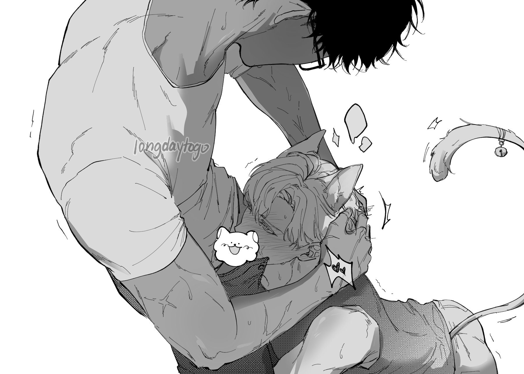 a monochrome mangastyle illustration depicts a muscular man embracing a smaller person with cat ears and a tail.  the man appears to be playfully holding the smaller person's face while the smaller person's eyes are closed, suggesting affection or tenderness. the style is detailed, showcasing the texture of the man's clothing and musculature, contrasted with softer lines on the smaller person.  a small, cartoonlike cloud with a simple face is present near the embraced person's shoulder. the overall mood is intimate and suggestive of a close relationship between the two characters.  the background is plain white.