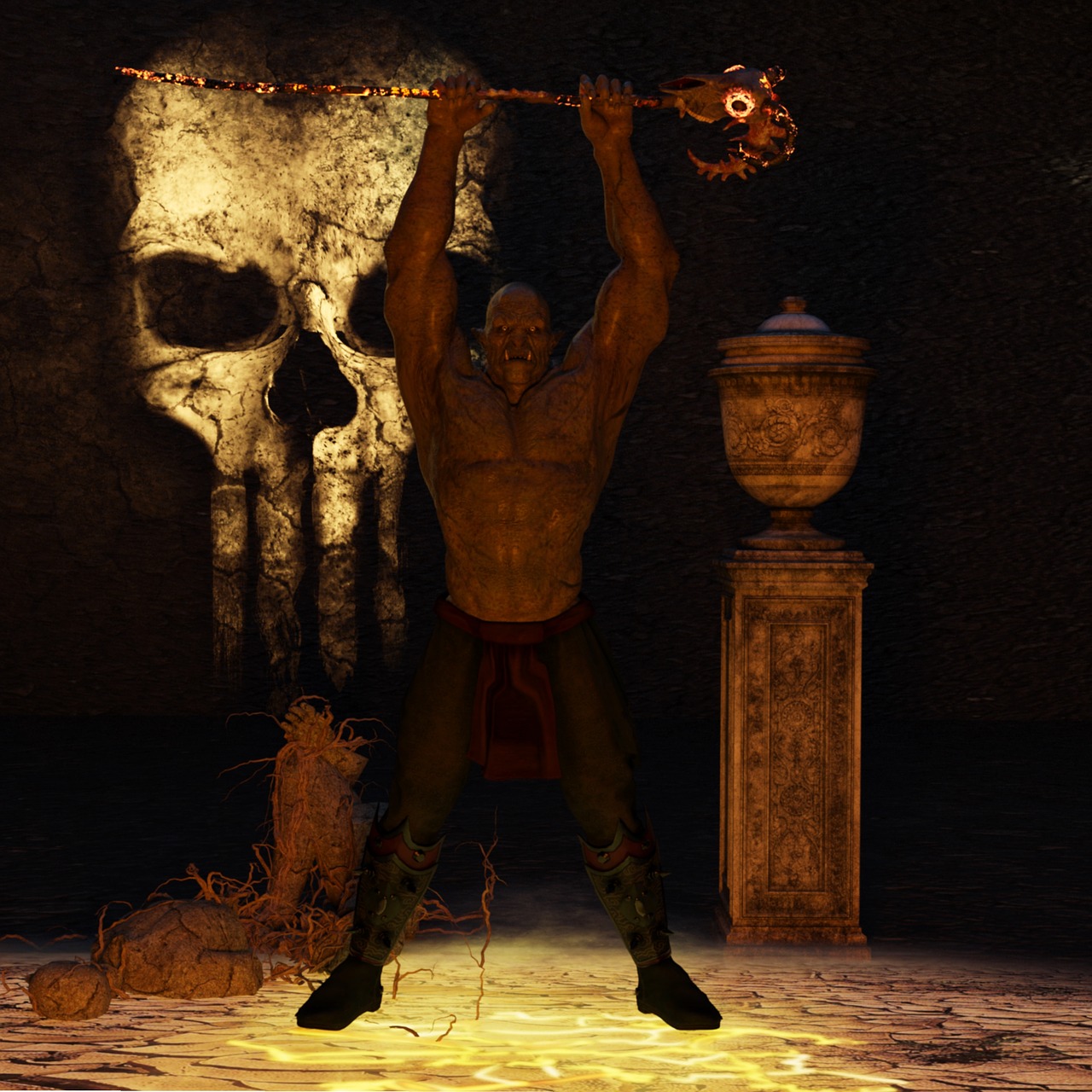 an orc stands in a dark cave holding a magical staff above his head. behind him is a large skull carved into the cave wall. to the right of him is a decorative urn on a pedestal. the floor is cracked and glowing with an orange light.