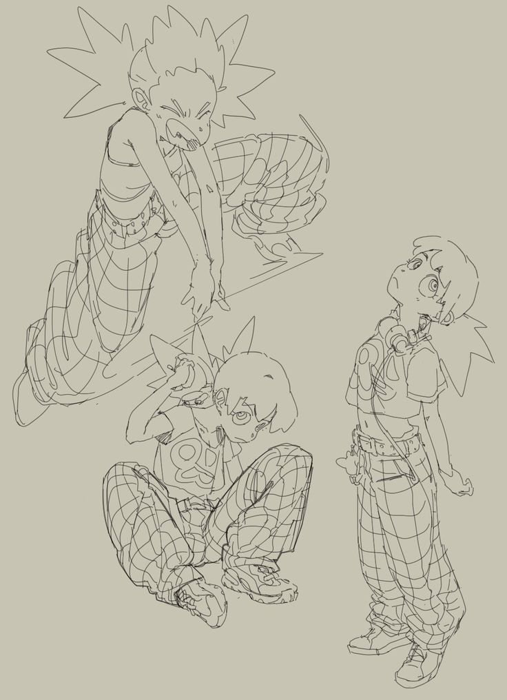 this is a digital illustration of three young animestyle characters.  they are all wearing plaid pants and have spiky hairstyles. the characters are drawn in a sketchy style with a focus on their poses and expressions. the character on the left is standing with one leg bent, and the character on the right is standing with their arms at their sides. the character in the middle is sitting down with their legs crossed.
