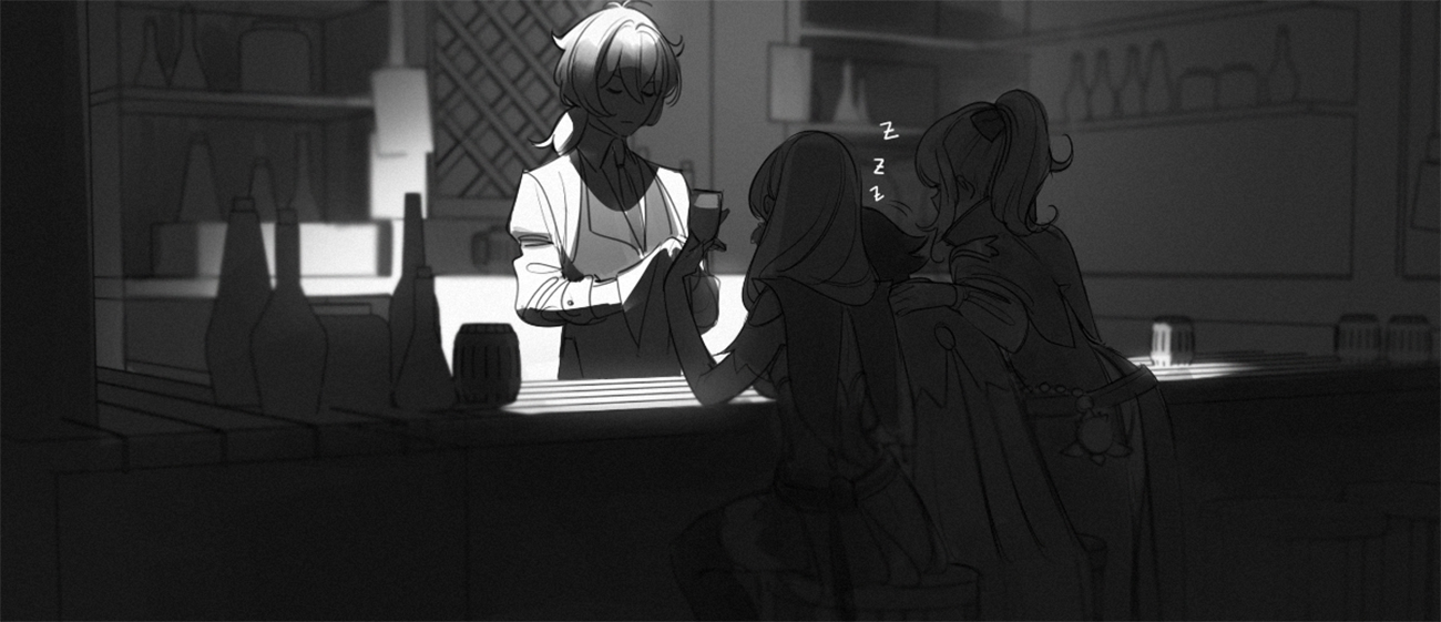 the image is a black and white sketch of a scene taking place in a bar. there are three people and a bird.  the lighting suggests that there is a light source from outside the window behind the bar. the overall picture is dark with strong contrast of light and shadow.