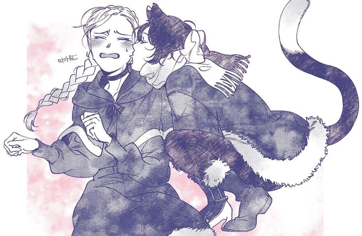 the image is a digital drawing or fanart in an anime/manga style. it depicts two women in a tender moment. one woman, with long braided blonde hair, appears surprised or slightly distressed as the other woman, with dark hair styled with cat ears and a fluffy tail, kisses her cheek.  both are dressed in winter clothing; one in a dark coat and the other in a coat with a large furry trim. the background is a soft, pale pink.  the overall style is soft and romantic, suggesting a loving relationship between the two characters.  korean characters are visible in a speech bubble next to the blonde woman.