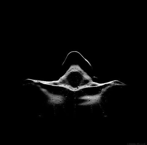 the image is a striking black and white photograph of a woman's back and shoulders.  the lighting is dramatically lowkey, using a single light source to illuminate the subject's form, creating strong contrasts between light and shadow. the subject's skin appears slightly damp, with visible water droplets, adding a textural element to the image.  the overall mood is sensual, intimate, and mysterious, with an emphasis on the curves and forms of the body. the minimal composition and stark contrast contribute to the artistic and abstract nature of the piece.
