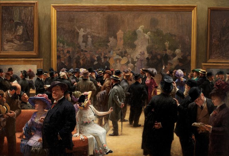 he image is an oil painting depicting a bustling scene inside an art gallery or museum.  a large crowd of elegantly dressed men and women are gathered, many observing and discussing a large artwork displayed prominently on the wall. the painting showcases the fashion of the late 19th or early 20th century, with men in suits and top hats and women in elaborate dresses and hats. the gallery itself appears sophisticated, with ornate frames surrounding the paintings and a rich color palette used throughout the image. the artist has captured a moment of social interaction and cultural appreciation, with the central focus being the interaction between the visitors and the artwork itself.  the light seems to be softly diffused, creating a subtle yet detailed representation of the scene.  the scene is dense with people, conveying a sense of lively conversation and engagement with the art.