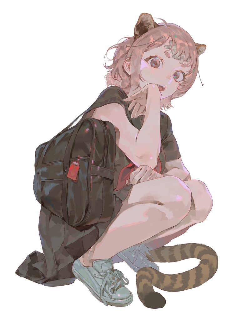 a digital art image in anime style depicting a girl with pink hair and animal ears. she is squatting and wearing a black tshirt, sneakers, and has a striped tail. a black bag rests next to her.