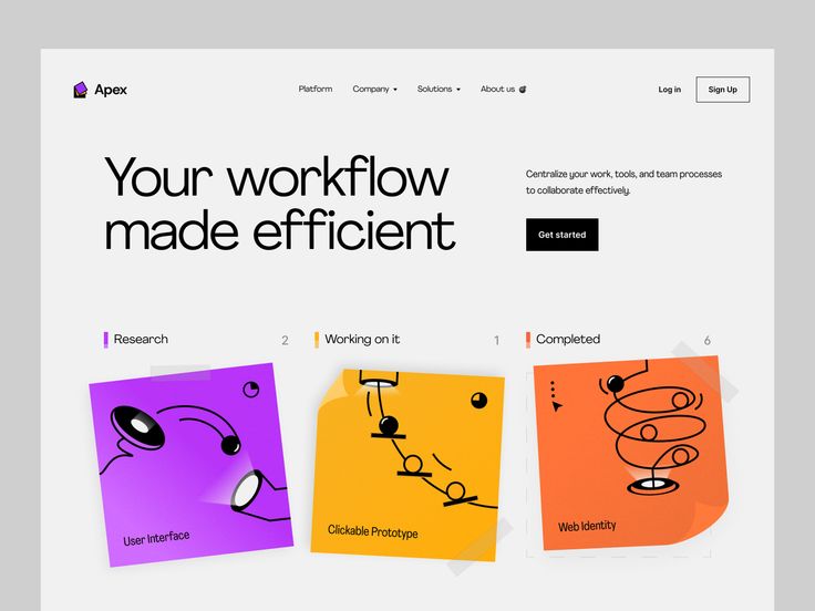 the image is a webpage screenshot for a website called apex.  the website promotes itself as a workflow management tool for teams. the tagline is "your workflow made efficient". the webpage features a light grey background with black text. the site is modern in design and promotes its features. the webpage features a section with sticky notes that represent the various stages of a workflow. the stages are represented by icons and the sticky notes are colored to represent different stages. the stages are research, working on it, and completed. the user interface is shown on a purple sticky note, the clickable prototype is shown on a yellow sticky note, and the web identity is shown on an orange sticky note.  the image is an effective way to visually represent the website's product and features.