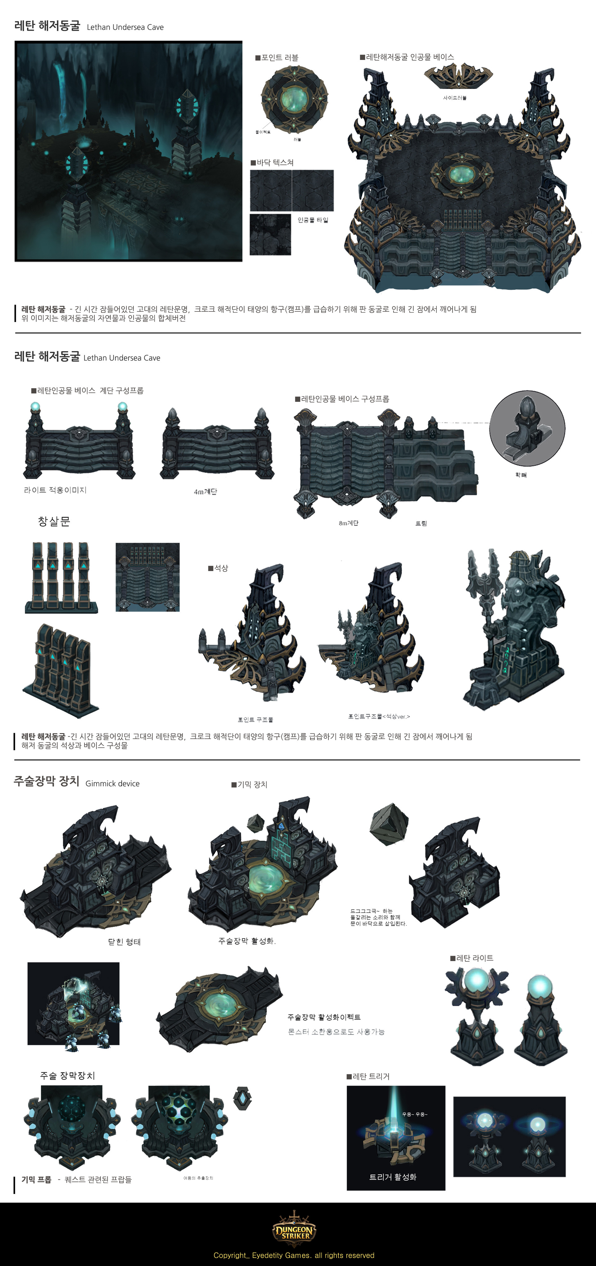 the image showcases detailed concept art for a dungeon or temple environment, likely for a video game.  it features various isometric and orthographic views of architectural elements, props, and potential layouts. the designs exhibit a dark, ancient aesthetic with intricate details and glowing accents.  elements like crumbling stonework, spiked gates, and ominous glowing orbs contribute to the overall atmosphere.