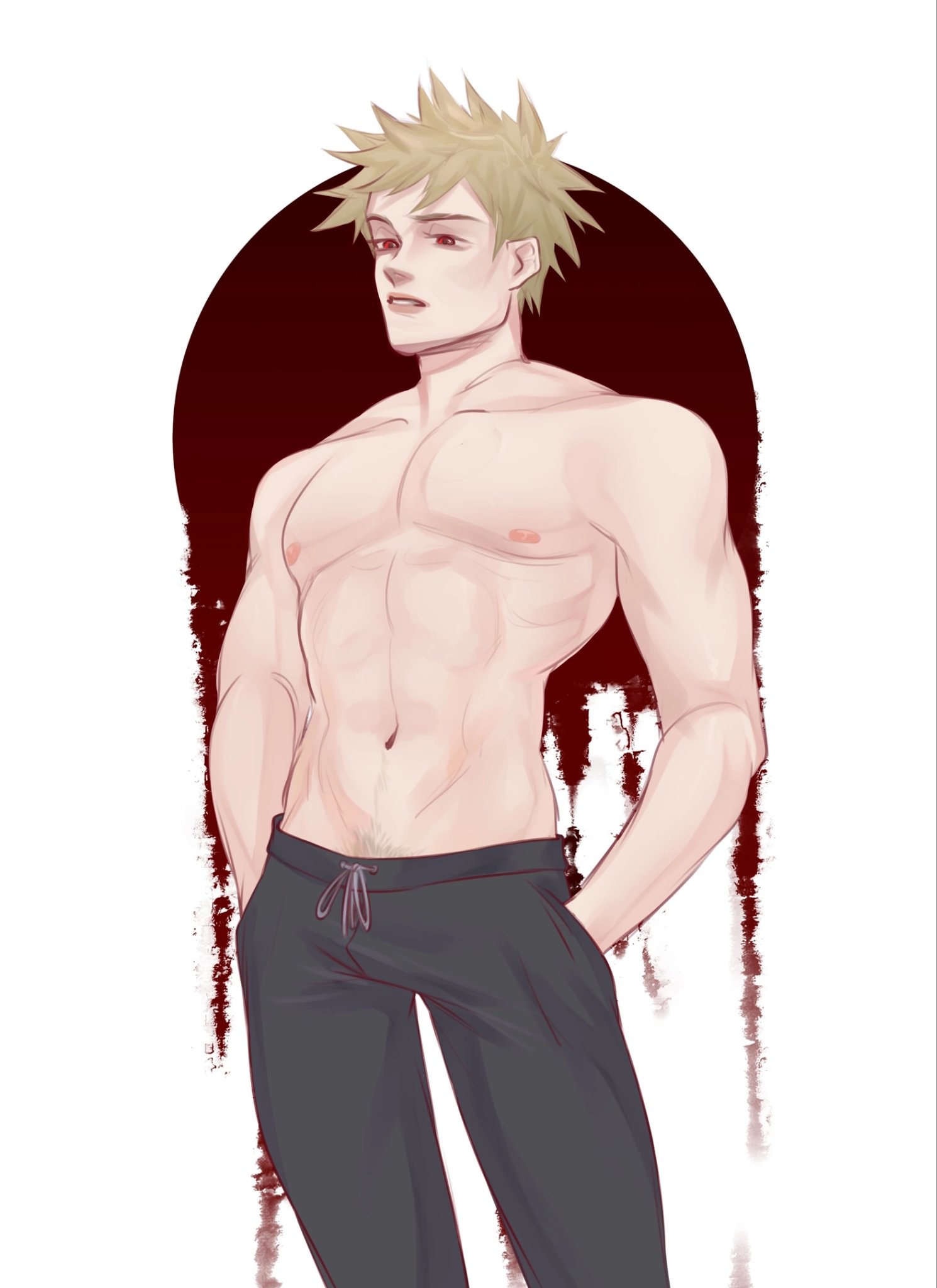 this is an animestyle illustration of a shirtless muscular man with blond hair, standing casually with one hand in his black pants, and looking at the viewer. he is set against a redtoned backdrop, with the background appearing to be dripping red water. the artwork is drawn with soft lines and brush strokes, with a focus on shading and blending, creating a sense of depth and detail. the man's expression is serious, and he seems to be posing for the viewer, perhaps to show off his physique. the overall style of the illustration is sleek and sophisticated, emphasizing the man's attractiveness and charisma.