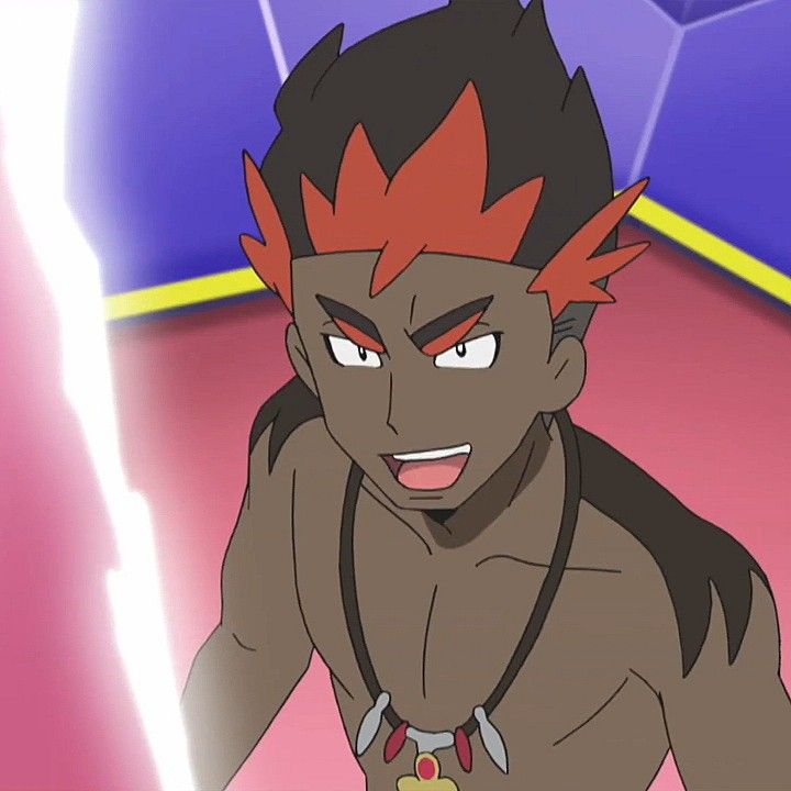 a closeup of a male anime character with red hair, black eyes, and a smile. he is wearing a necklace and has a muscular chest and arms. he is standing in front of a glowing light that is coming from the left side of the image. the background is purple and yellow.
