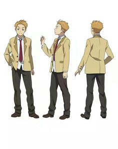 this image shows three views of the same male anime character in front of a plain white background. he has blond hair and brown eyes. he's wearing a typical anime school uniform consisting of a white buttondown shirt, a brown tie, a light brown blazer with dark brown trim, and dark brown dress pants. he is posed as if he is in motion. the image has flat lighting.