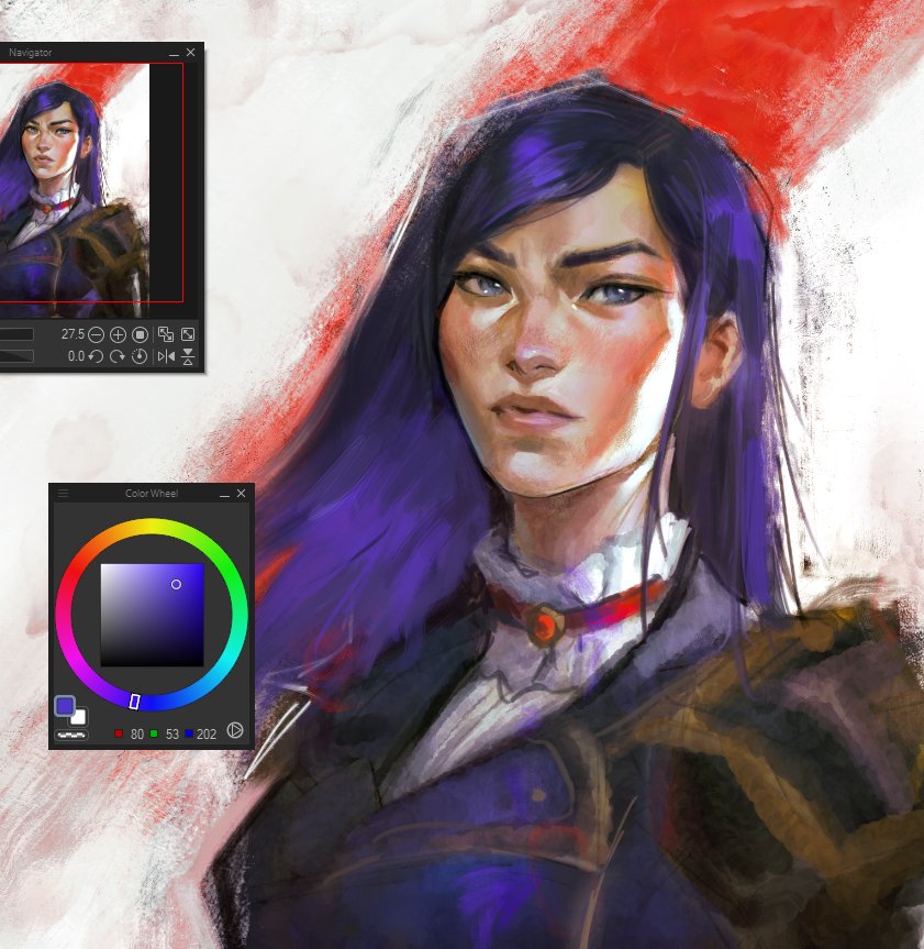 a digital painting of a woman with long purple hair and blue eyes is shown. she is wearing a red choker and a darkcolored jacket. the image also includes a color wheel and a navigator panel from painting software, suggesting that it's a depiction of the painting process.