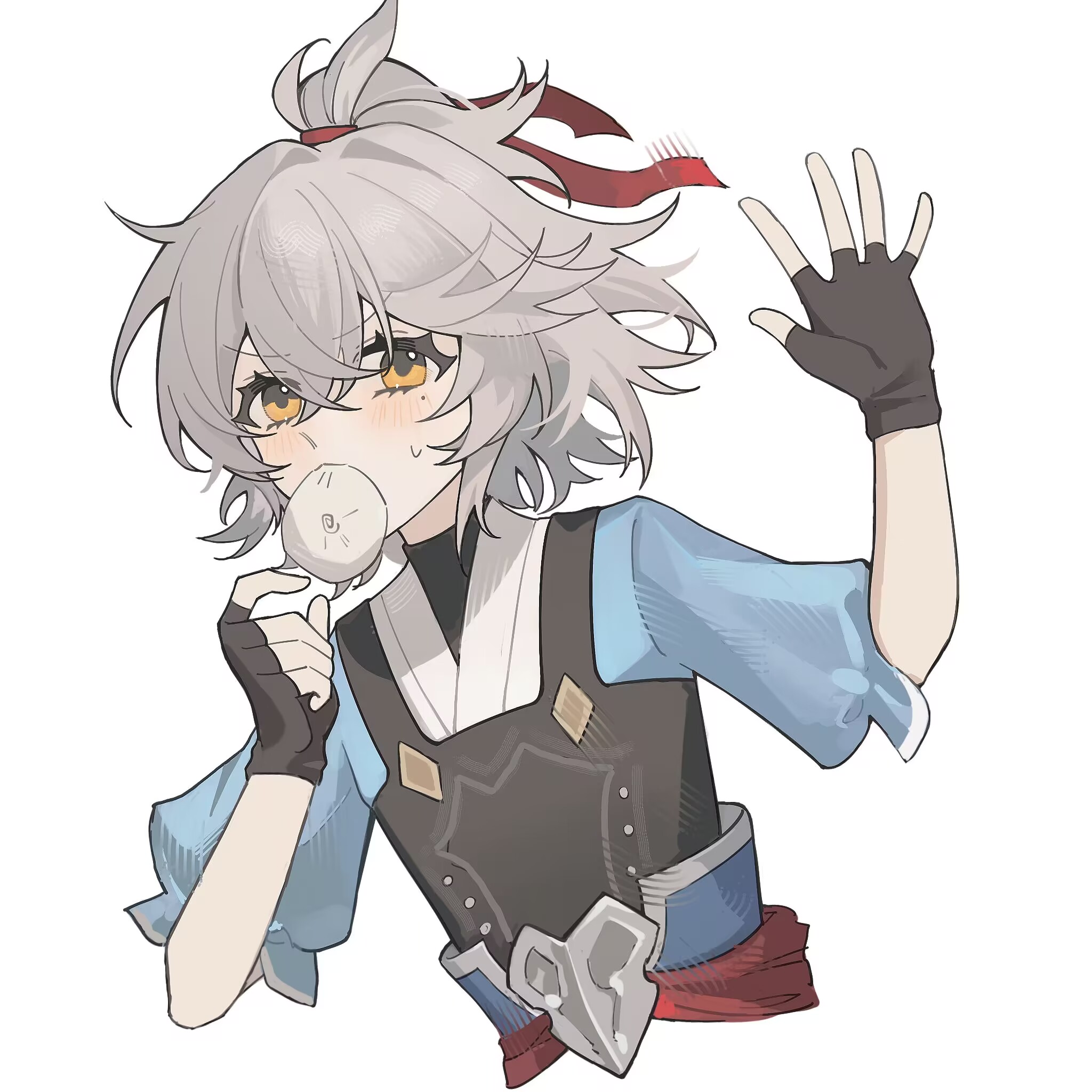 this is a digital illustration of an anime girl with white hair, blue shirt, brown vest and red sash. she is blowing a bubble while smiling happily.