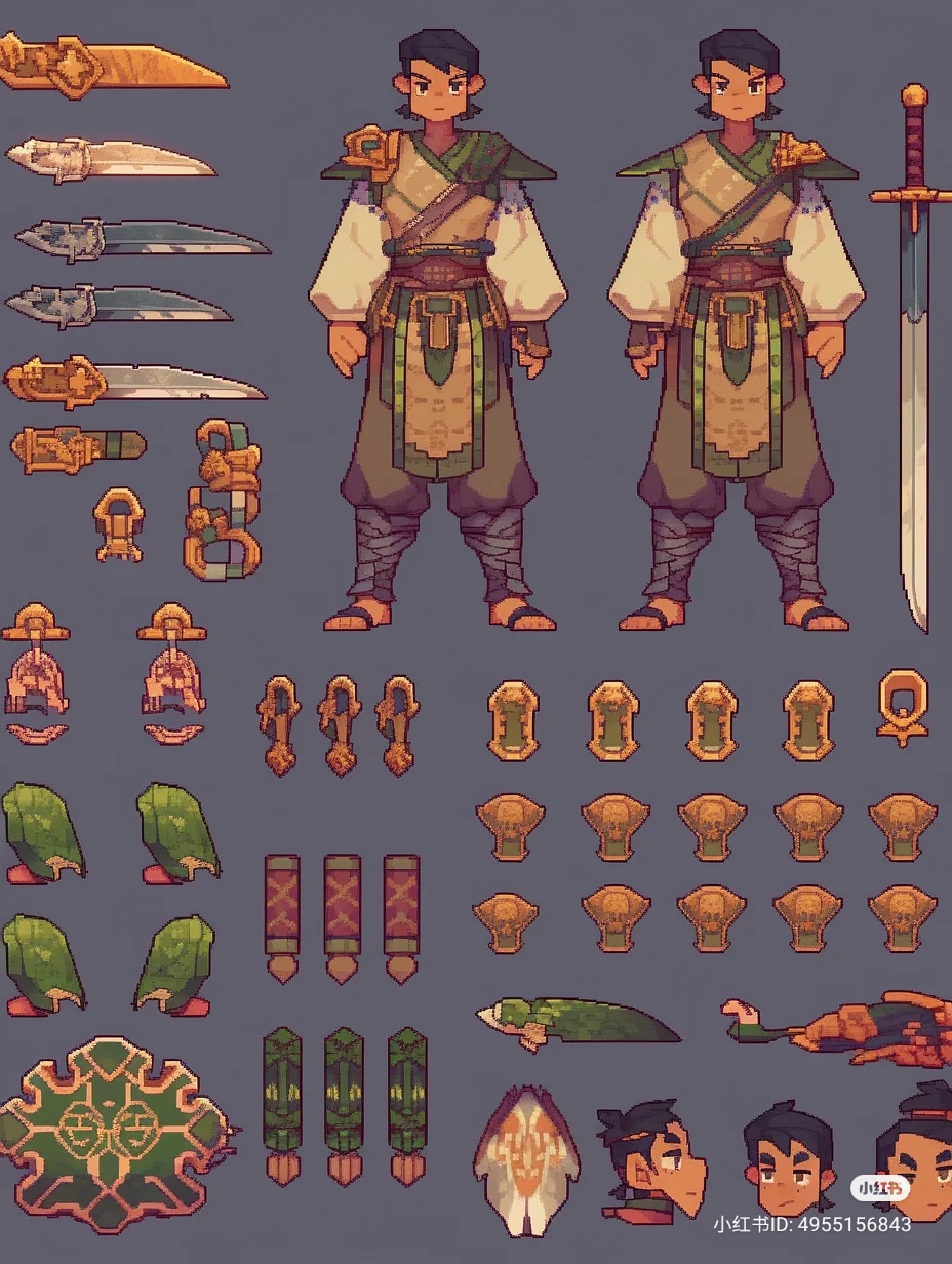 this pixel art image showcases a character design for a video game, likely a warrior or fighter.  he is depicted in both front and side views, wearing green and beige clothing with gold accents. various swords, daggers, armor pieces, and potential headwear options are displayed around the character, allowing for customization or progression within the game. the art style is reminiscent of classic rpgs.