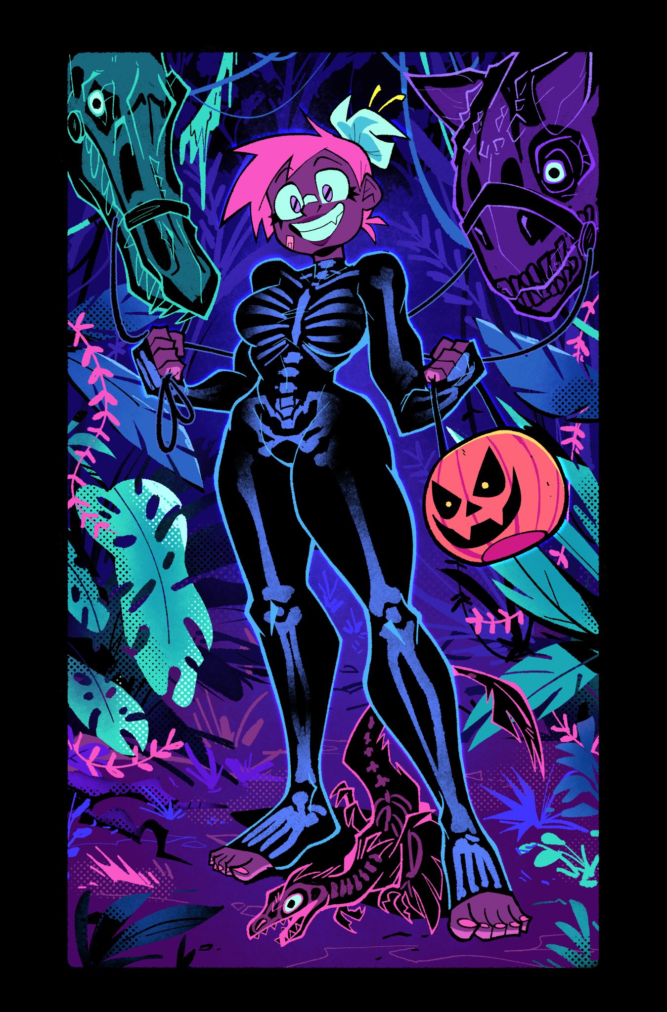 a cartoon illustration of a woman in a skeleton costume with pink hair holding a jackolantern in one hand, with a small dinosaur behind her, in a dark, colorful jungle setting.