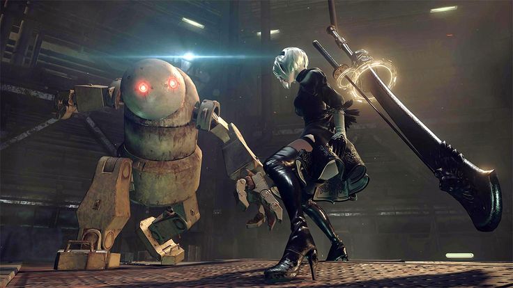 the image is a dramatic screenshot from the video game nier: automata. it features the main protagonist, 2b (a yorha android), in a tense combat situation.  she's wielding a large, ornate sword and stands poised against a damaged, rusty robot enemy.  the setting is a dark, industriallooking environment, typical of the game's postapocalyptic world. 2b's elegant design contrasts sharply with the gritty and somewhat menacing atmosphere and the robot's dilapidated appearance. the lighting is focused on the characters, creating a strong visual impact. the overall scene is dynamic and suggests a moment of intense action within the game.