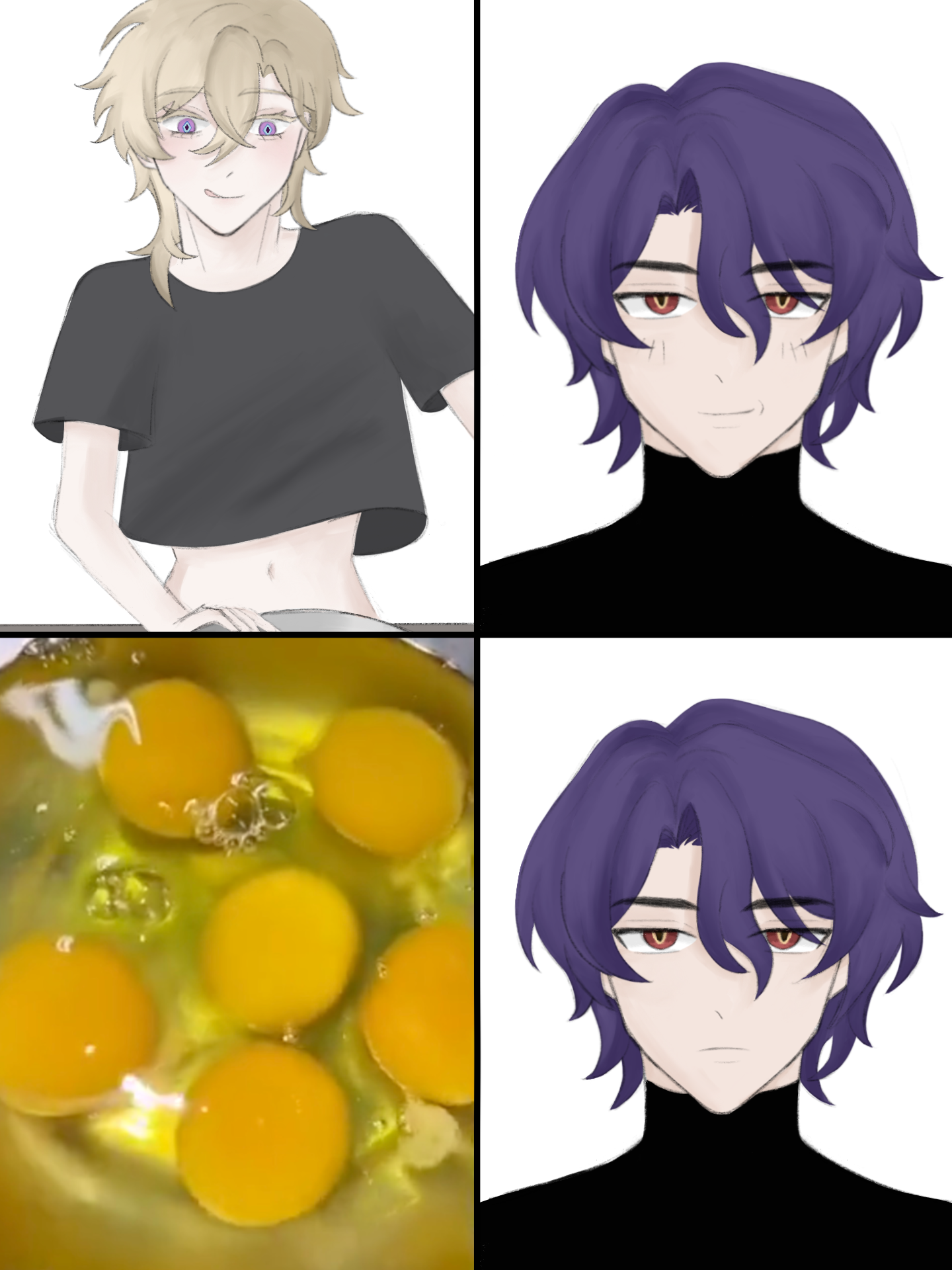 he image is a fourpanel collage.  the top left panel shows an animestyle boy with blonde hair wearing a black cropped top. the top right panel shows the same boy, but with purple hair and a turtleneck.  the bottom left panel shows a closeup of several eggs frying in a pan. the bottom right panel is a repeated image of the purplehaired boy from the top right panel.  it appears to be a beforeandafter depiction of a character's transformation, perhaps with the eggs representing a transformation or metaphorical ingredient.