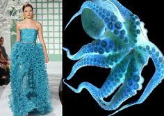 a woman in a beautiful blue ruffle dress stands against a backdrop of a vibrant blue octopus. the model is striking a pose on a runway, showcasing the intricately detailed design of her dress. the octopus is rendered in a surreal style, emphasizing its tentacles and the intricate patterns that adorn them. the contrast between the elegance of the dress and the abstract nature of the octopus creates a fascinating visual juxtaposition. the image captures the essence of fashion and art, blending the mundane with the extraordinary.