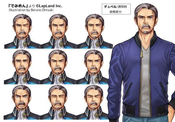 the image showcases a male character with short gray hair and blue eyes, presumably from a video game. he is presented in a grid format with nine different facial expressions, conveying a range of emotions from anger to sadness to happiness. a larger image on the right depicts the character in a casual outfit  a blue jacket over a gray shirt.  the text indicates the character's name is "duvel" and these are his default expressions.