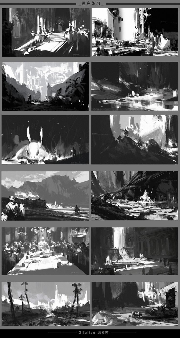 he image is a collection of sixteen grayscale concept art sketches.  each sketch shows a different environment, ranging from architectural ruins and cityscapes to more natural landscapes, all rendered in a painterly style with varying levels of detail. the overall mood is atmospheric and evocative, suggestive of a fantasy setting or a world in a state of decay or transition.  the sketches are primarily in shades of grey, creating a cohesive monochrome palette.  the style suggests quick studies or initial explorations of different concepts rather than fully polished illustrations.  the images show varied scales, from grand cityscapes to smaller, intimate scenes.