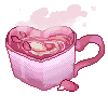 pixel art depicting a pink mug of tea/coffee with roses in the shape of a heart. the liquid inside also forms a heart shape. there is steam/vapor coming off the top, and a single rose petal on the surface below the cup.