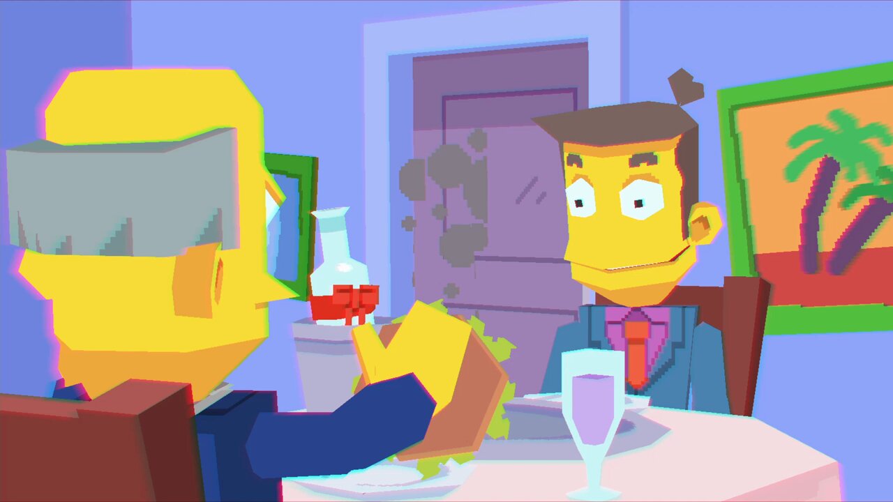 two men are having dinner together in a stylized, lowpoly art style. one man, wearing a blue suit and gray hair, is reaching for a sandwich. the other man, wearing a purple tie and brown hair, is looking towards him with a smile. a bottle of wine with a red ribbon sits on the table between them, suggesting a celebratory occasion. the scene takes place indoors, likely at a restaurant, with bright, artificial lighting. the perspective is from the side, giving a clear view of both characters and the table setting.